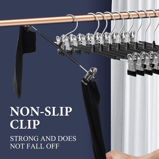 14Inch Black Pants Hangers with Clips 10 Pack Adjustable Skirt Hangers for Women Non-Slip Trousers Hanger for Jeans Clothes Hangers for Pants Heavy Duty Space Saving Shorts Hangers - PuriLite