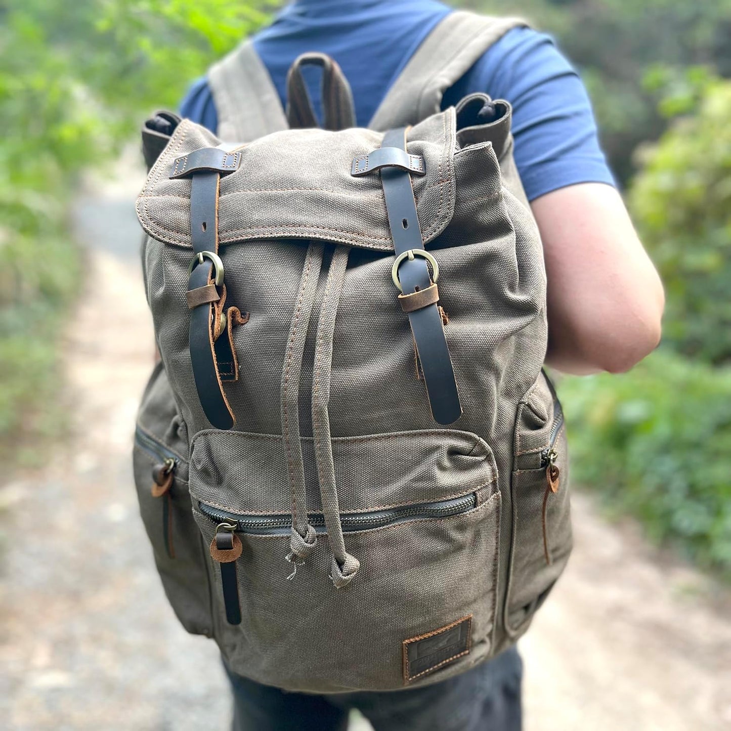 AUGUR Canvas Backpack,17 inch Laptop Backpack Vintage Canvas Leather Backpacks Casual School College Bag Pack Bookbag Hiking Travel Rucksack Daypack (L-Coffee)