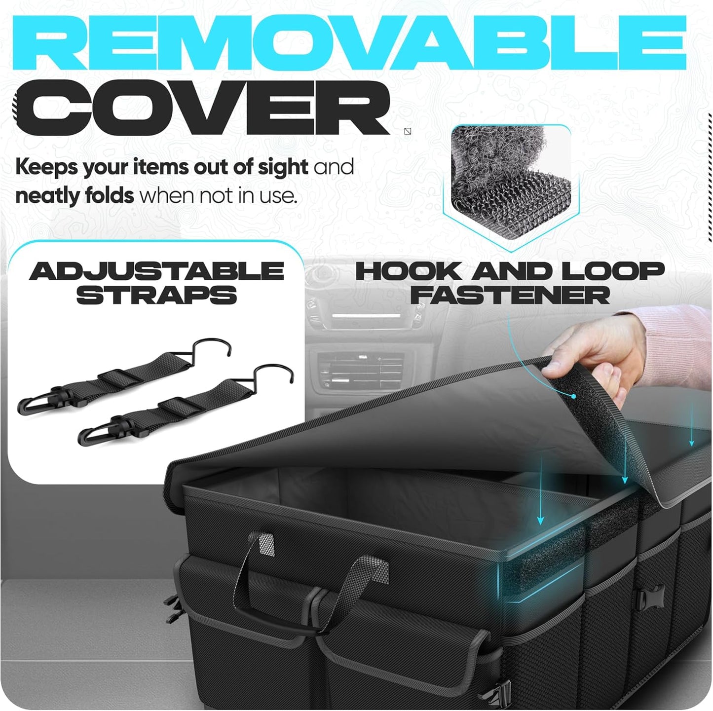 FORTEM Car Trunk Organizer, Collapsible Multi Compartment Car Organizer, Foldable SUV Storage for Car Accessories for Women Men, Non Slip Bottom, Securing Straps, Soft Cover 50L (Black, Standard)