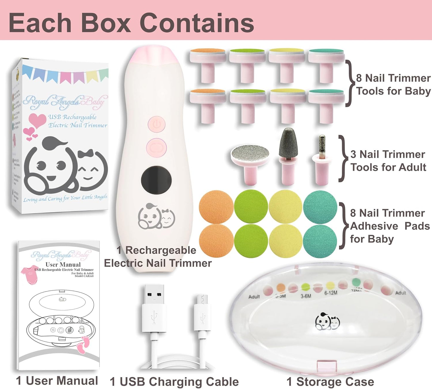 Royal Angels Rechargeable Baby Nail Clippers 20 in 1, Safe Electric Nail Trimmer, Baby Nail Kit, Additional Replacements, Newborn Toddler Toes and Fingernails, Trim and Polish (Rechargeable, Snow)