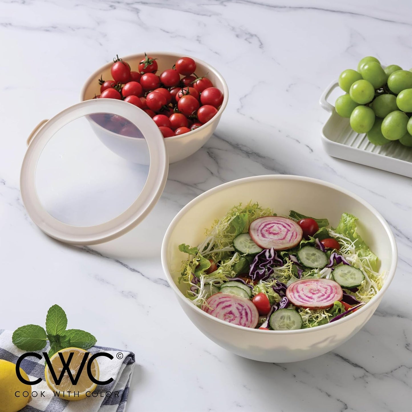 COOK WITH COLOR Mixing Bowls with TPR Lids - 12 Piece Plastic Nesting Bowls Set Includes 6 Prep Bowls and 6 Lids, Microwave Safe Mixing Bowl Set (Mint)