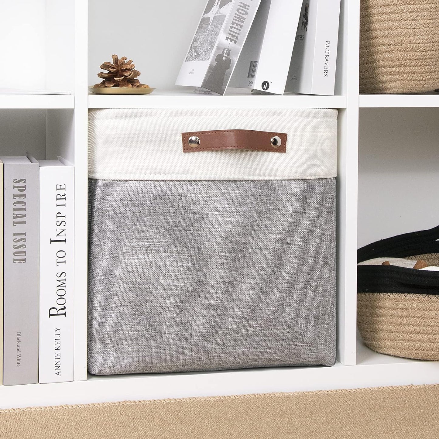 DULLEMELO Storage Baskets for Shelves, Fabric Collapsible Rectangular Storage Bins for Shelves, Closets, Nursery, Home, Office, Empty Gift Baskets (White&Teal)