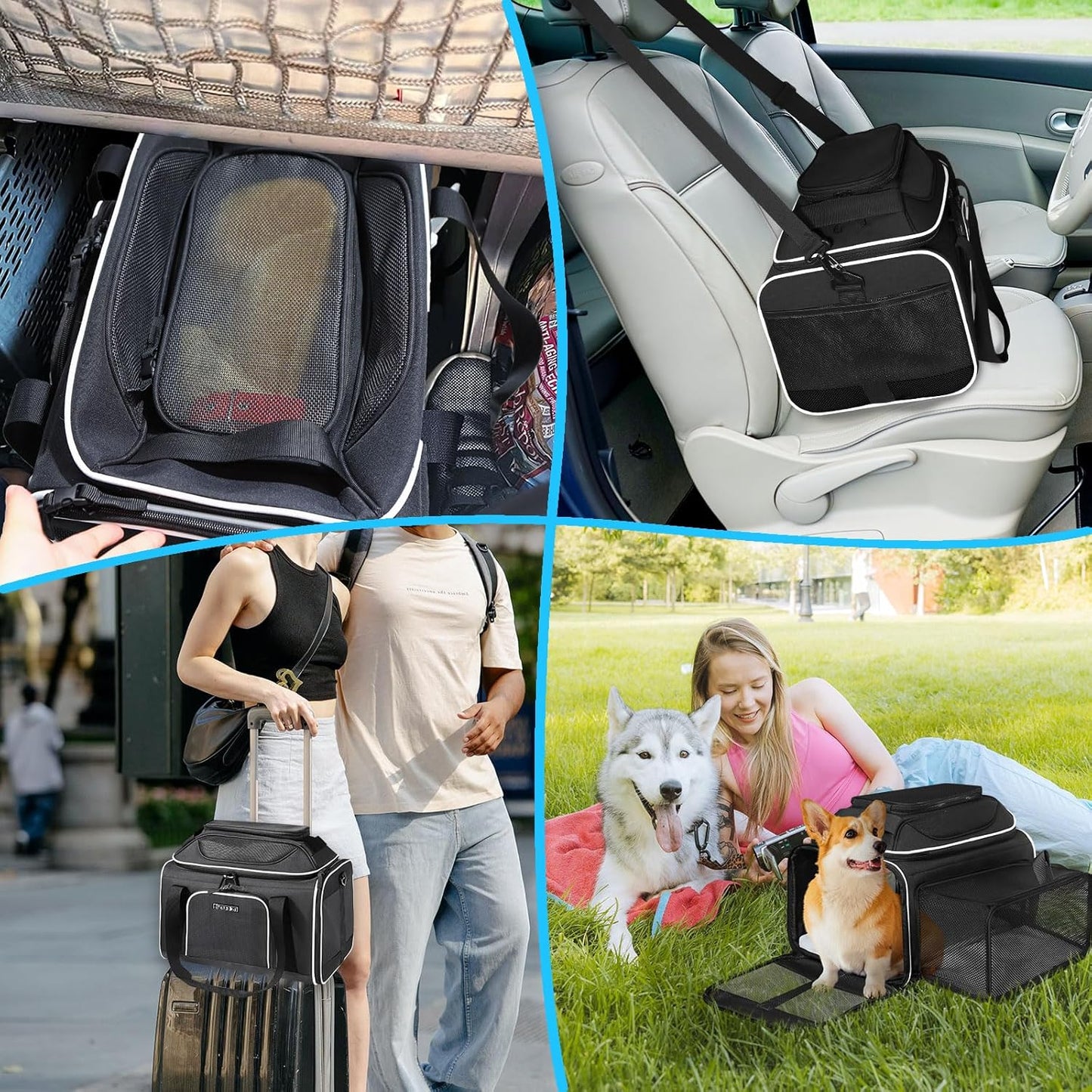Petskd Top and Side Expandable Pet Carrier 17x12x8.5 Inches JetBlue Frontier Spirit Airline Approved, Soft-Sided Carrier for Small Cats and Dogs with Locking Safety Zipper and Anti-Scratch Mesh(Black)