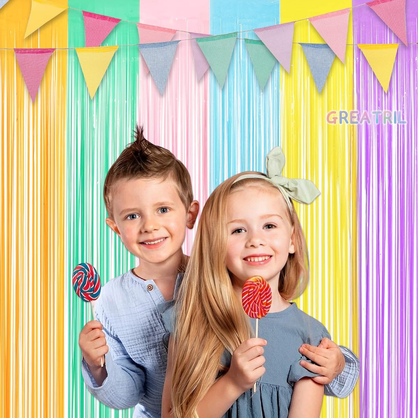 GREATRIL Iridescent Party Tinsel Fringe Backdrop Decorations - Holographic Foil Streamers Curtain for Mermaid/Under The Sea/Frozen/Ocean/Disco/Birthday Themed 3.2ft x 6.5ft - 2 PCS