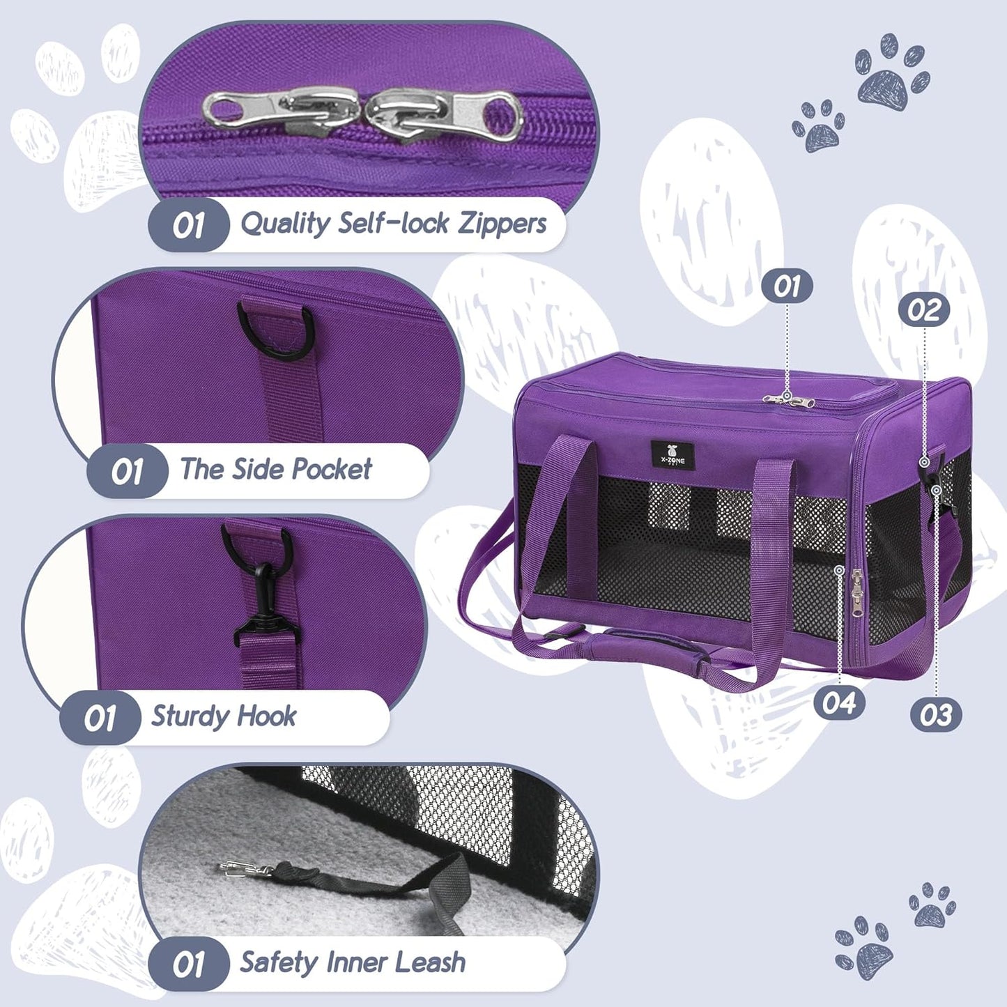 X-ZONE PET Cat Carrier Dog Carrier Pet Carrier for Small Medium Cats Dogs Puppies of 15 Lbs,Airline Approved Soft Sided Pet Travel Carrier,Dog Carriers for Small Dogs - Black Grey Purple Blue Brown