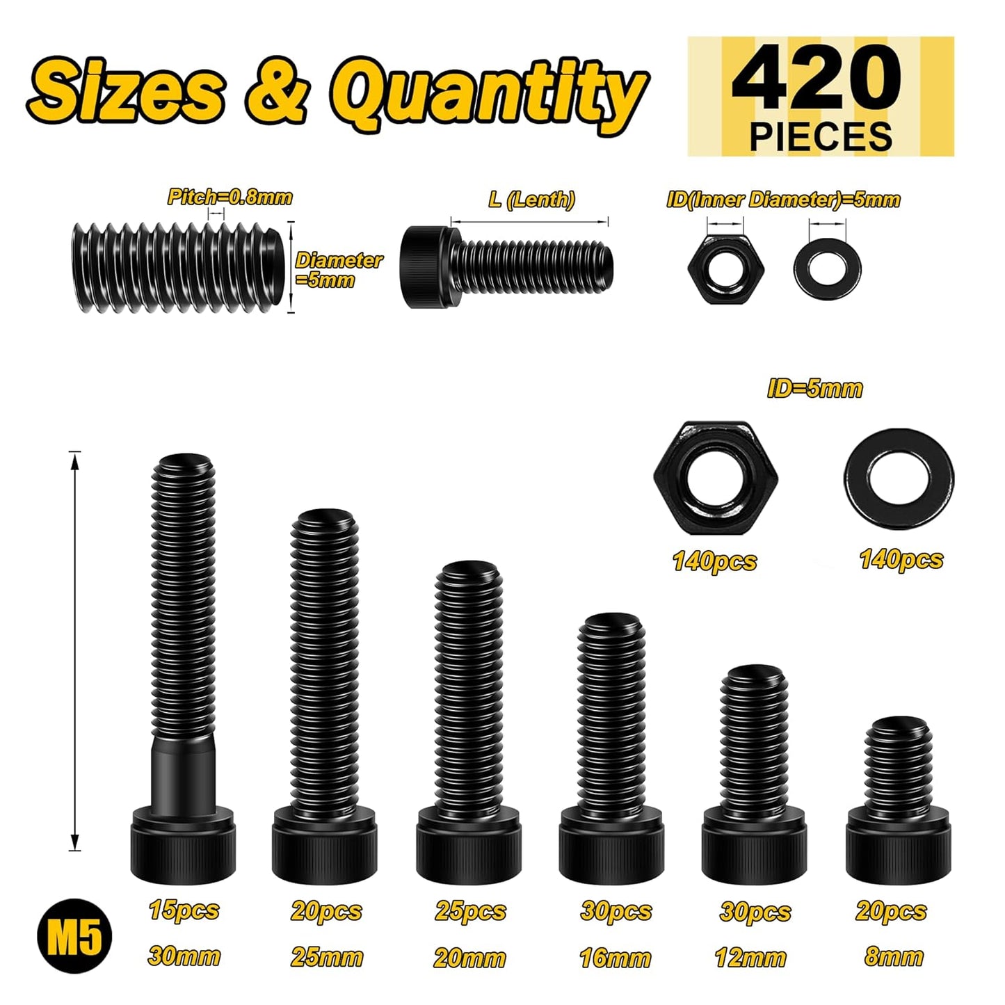 Mywish 900Pcs Metric Screw Assortment, M3 M4 M5 M6 Screw Assortment Kit 304 Stainless Steel Hex Socket Button Head Socket Cap Metric Screws Bolts & Flat Washers/Nuts/Hex Wrenches 16 Sizes 8MM to 20MM