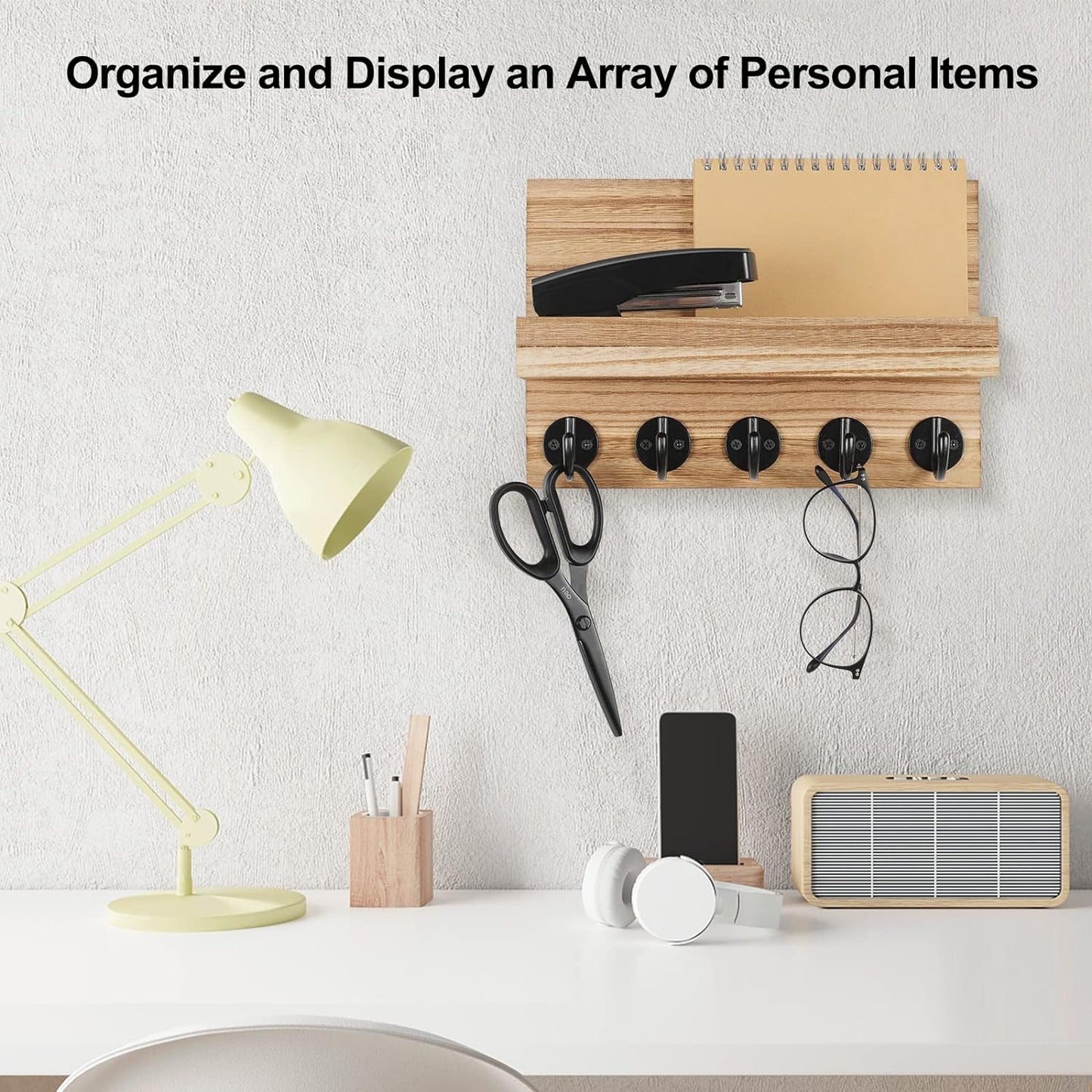 Lwenki Key Holder for Wall, Decorative Key and Mail Holder with Shelf Has Large Key Hooks for Bags, Coats, Umbrella – Paulownia Wood Key Hanger with Mounting Hardware (Black)