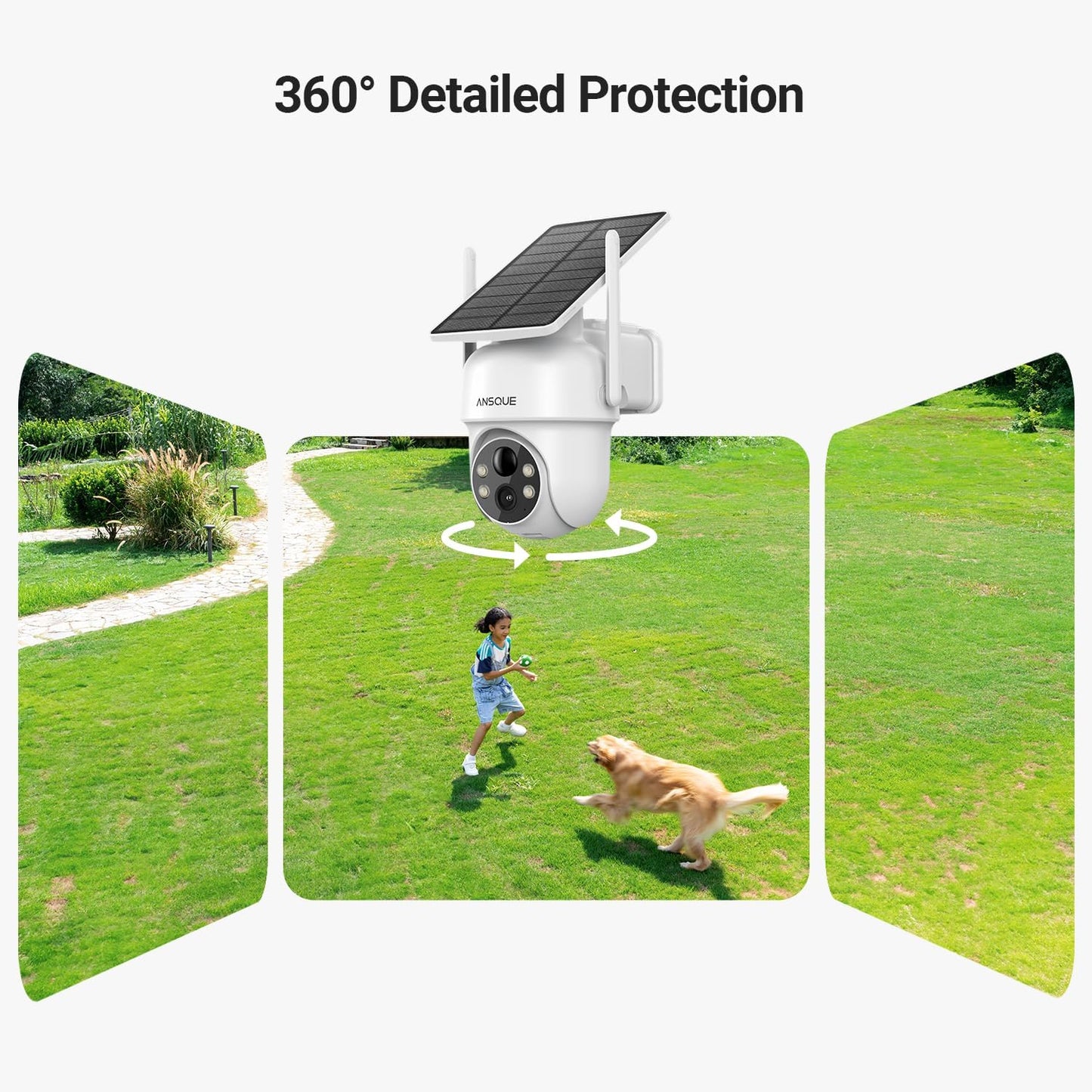 ANSQUE Solar Security Cameras Wireless Outdoor, 4-Cam Kit, No Monthly Fee, 2K Color Night Vision with Solar Panel, Local Storage, 360° View, Auto Tracking