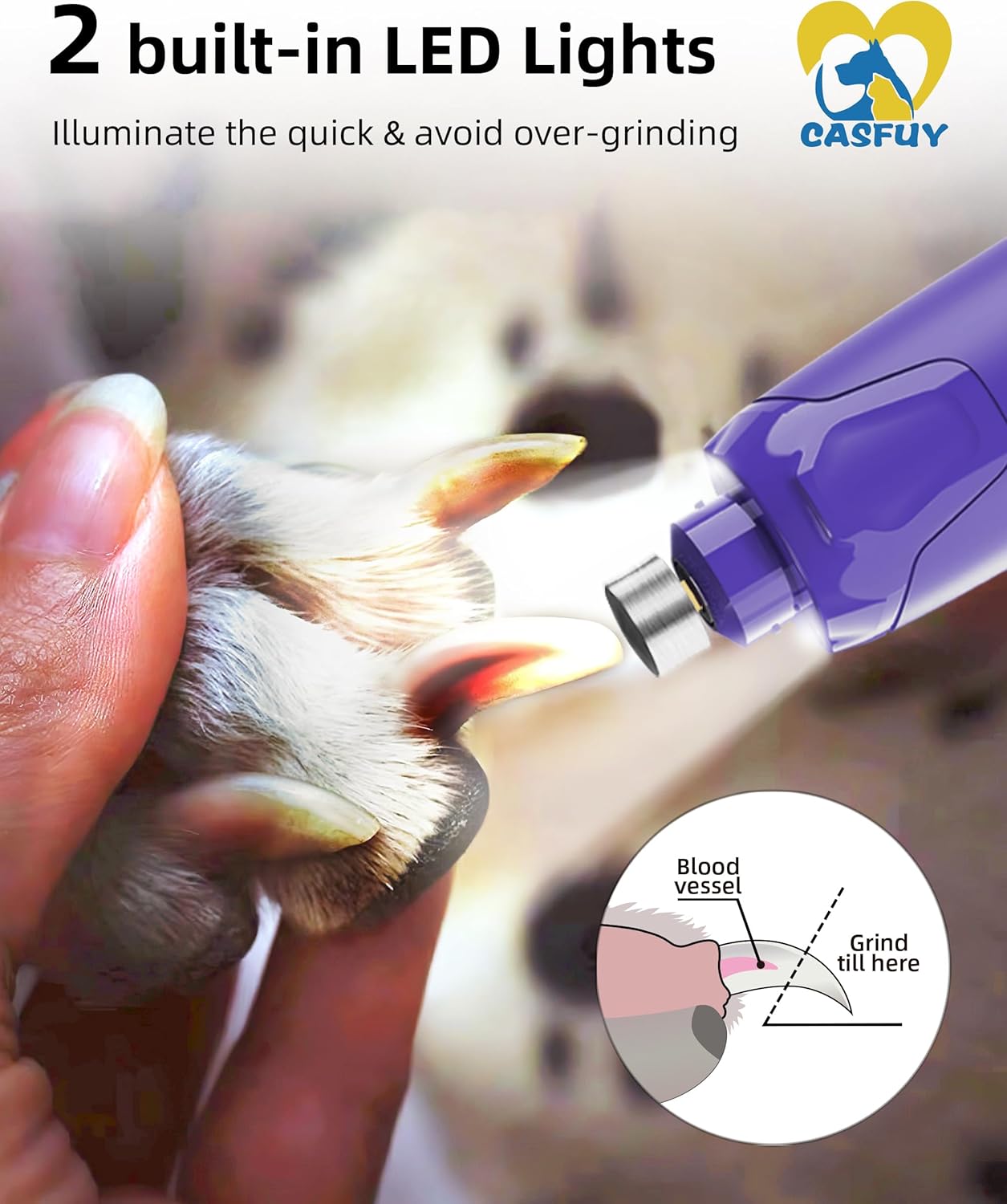 Casfuy Dog Nail Grinder Quiet - (45db)6-Speed Pet Nail Grinder with 2 LED Lights for Large Medium Small Puppy Dogs/Cats, Professional 3 Ports Rechargeable Electric Dog Nail Trimmer with Dust Cap(Blue)