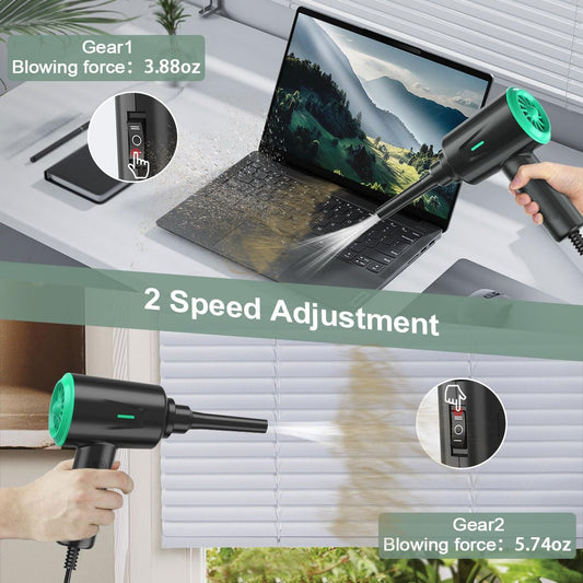 Electric Air Duster for Computer Cleaning, High Power Compressed Air Blower with 2 Speed Settings, Reusable Keyboard and PC Cleaner (Green)