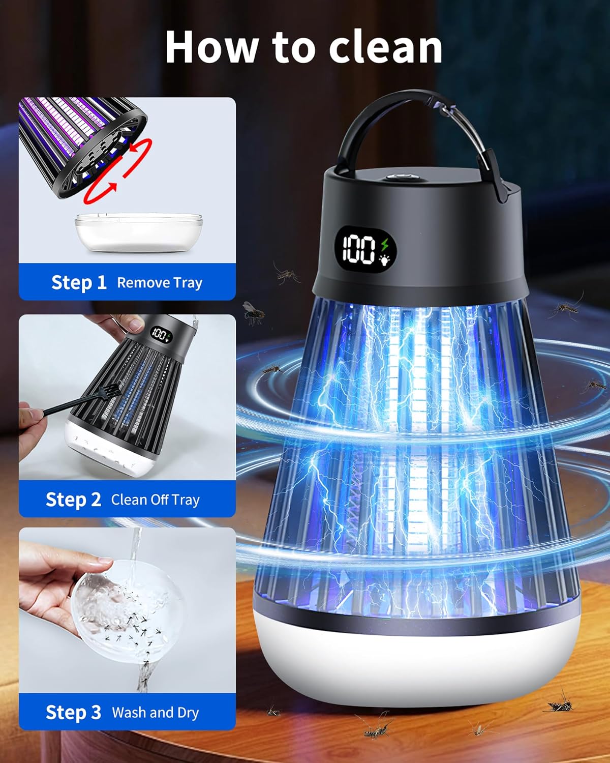 Eachway Bug Zapper Outdoor, 2 in 1 Powered Mosquito Zappers Killer with 2000mAh Battery & LED Light, 2000V Electric Fly Zapper, Waterproof Insect Zapper for Backyard, Patio (Black)
