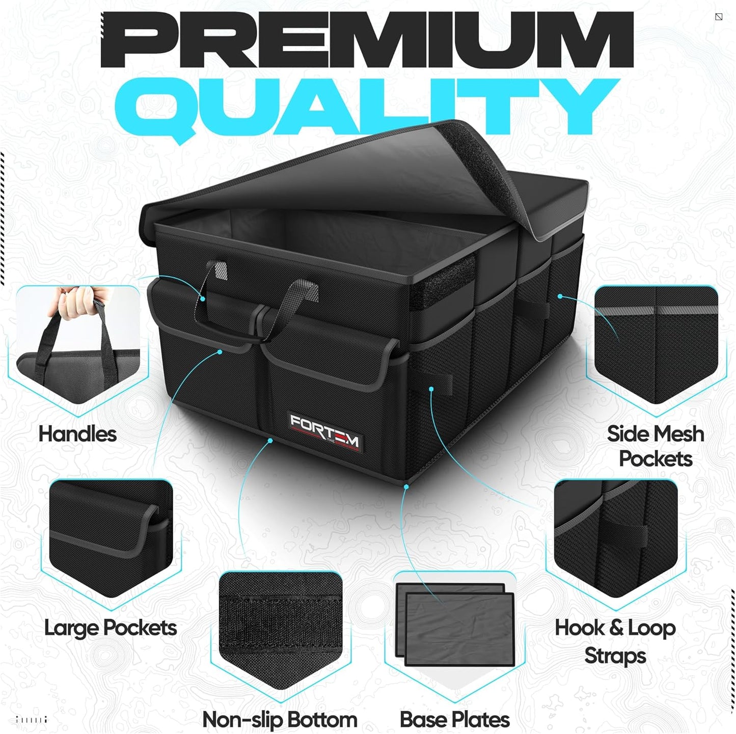 FORTEM Car Trunk Organizer, Collapsible Multi Compartment Car Organizer, Foldable SUV Storage for Car Accessories for Women Men, Non Slip Bottom, Securing Straps, Soft Cover 50L (Black, Standard)