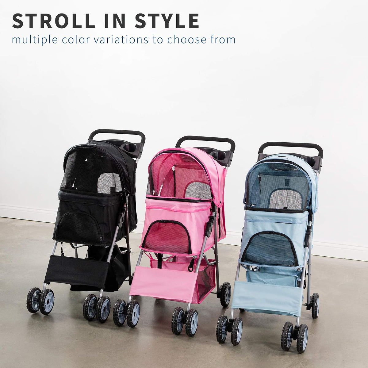 VIVO Black 4 Wheel Pet Stroller for Cat, Dog and More, Foldable Carrier Strolling Cart (STROLR-V001K)