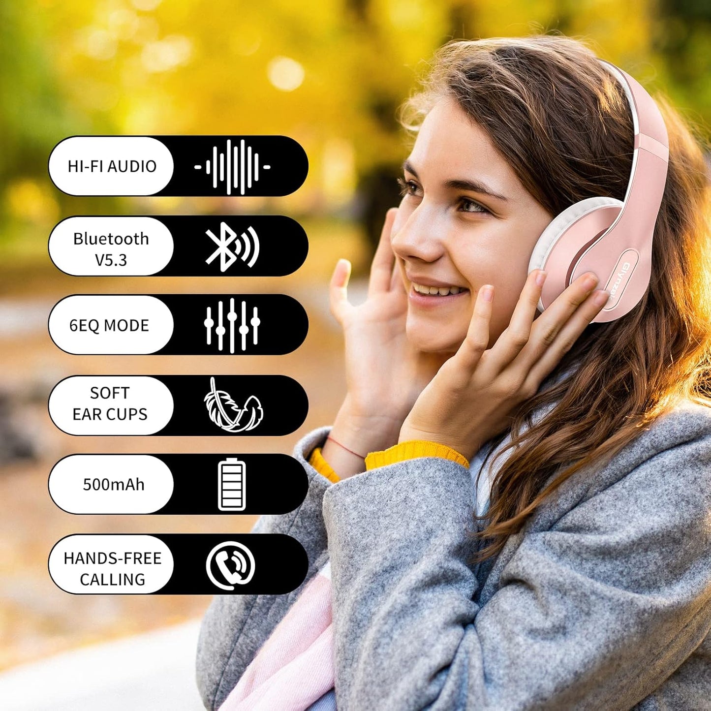 Glynzak Wireless Bluetooth Headphones Over Ear 65H Playtime HiFi Stereo Headset with Microphone and 6EQ Modes Foldable Bluetooth V5.3 Headphones for Desktop Computer Laptop Rose Gold