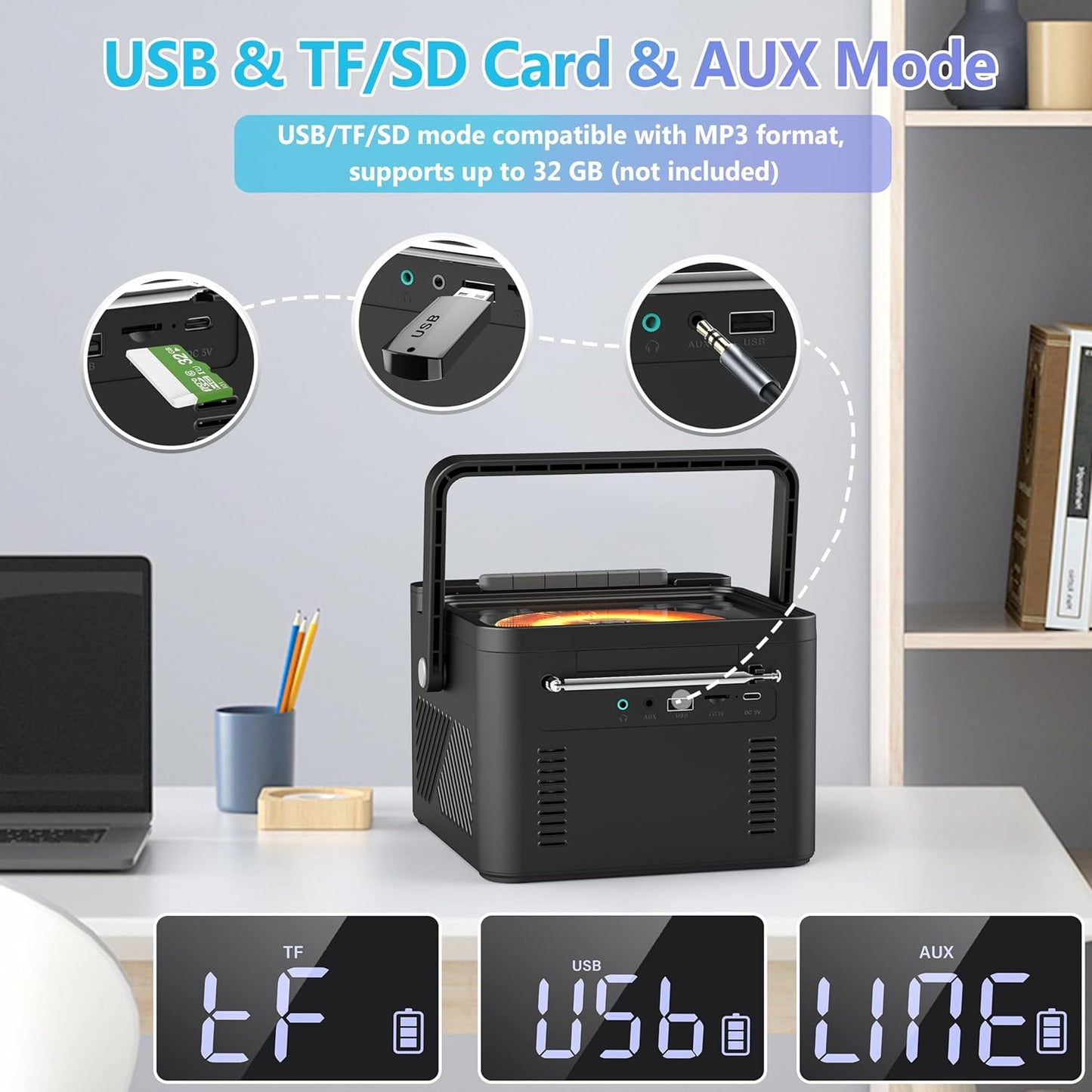 Greadio CD Player Portable, Boombox with CD Cassette Player, 5000mAh Rechargeable Battery Boom Box with Remote Control, Bluetooth 5.1, FM Radio, AUX/USB/SD Card-in, 5W Speaker, LED Screen, Black