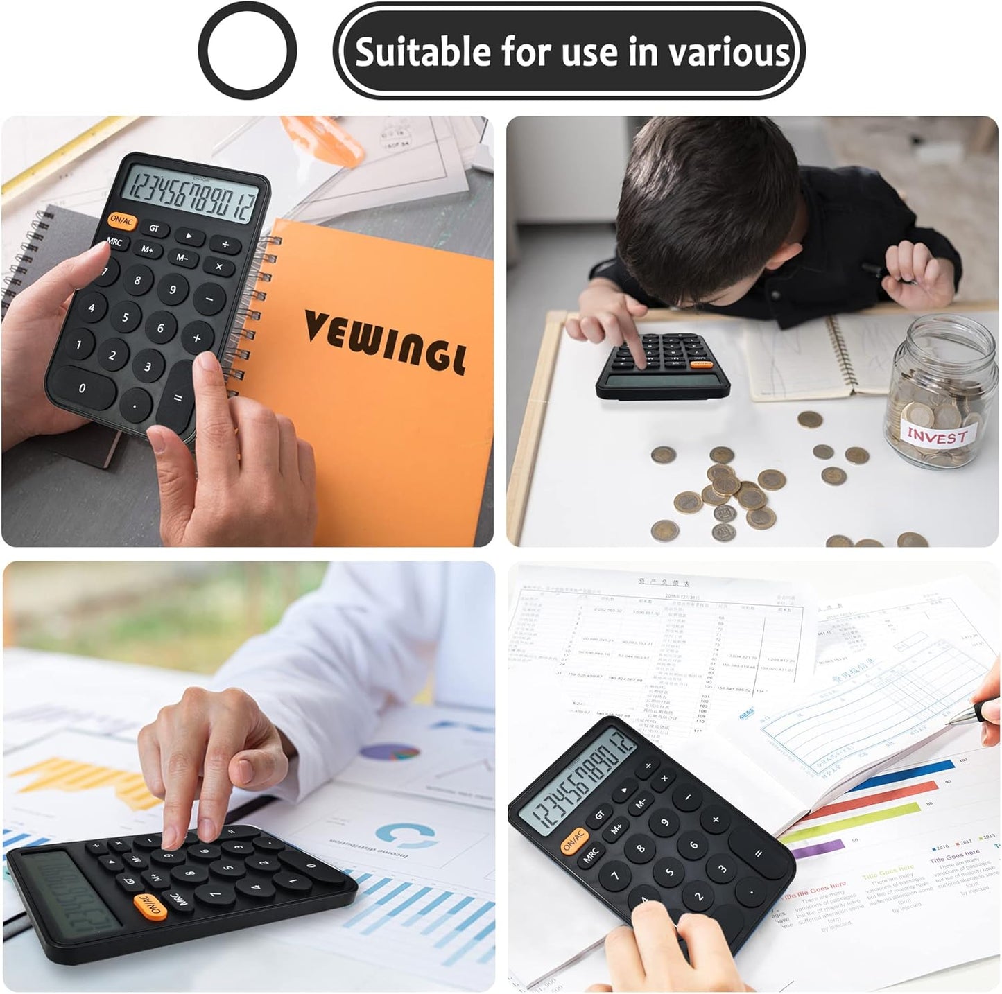VEWINGL Mechanical Switch Calculator, 12 Digit Large LCD Display and Buttons, Great for Everyday Life and Basic Office Work, with Battery