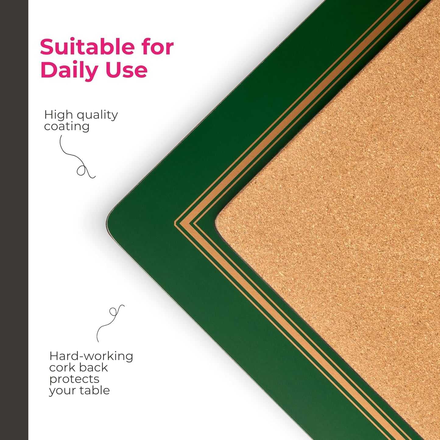 Pimpernel Classic Emerald Placemats - Set of 4 Rectangular Cork Backed Table Mats with Deep Green Finish - Heat Resistant Wipe Clean Placemats for Dining Table Protection & Stylish Meal Presentation