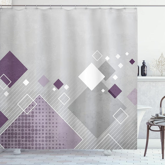 Ambesonne Abstract Shower Curtain, Geometric Composition with Different Colored Squares Striped Dotted Rhombus, Cloth Fabric for Bath Decor Set with 12 Hooks House Bathroom, 69" W x 70" L, Grey Purple - PuriLite