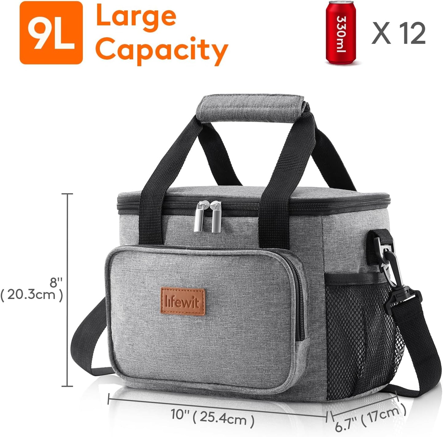 Lifewit Lunch Bag for Men, Insulated Lunch Box Leakproof Soft Cooler Cooling Tote for Adult Women, Waterproof Reusable Lunch Bags for Work Office Outdoor Picnic Camping, Black, 12-Can (9L)