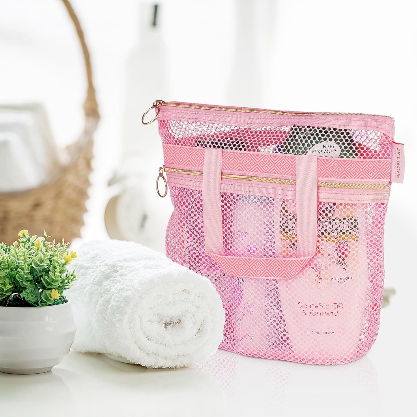 Mesh Shower Caddy Portable 10.2x9.9'' Shower Bag with Zipper & 2 Pockets. Shower Tote Ideal for Gym, Travel, Camp, Beach, for Sunscreen, Dorm & College Essentials (Black)