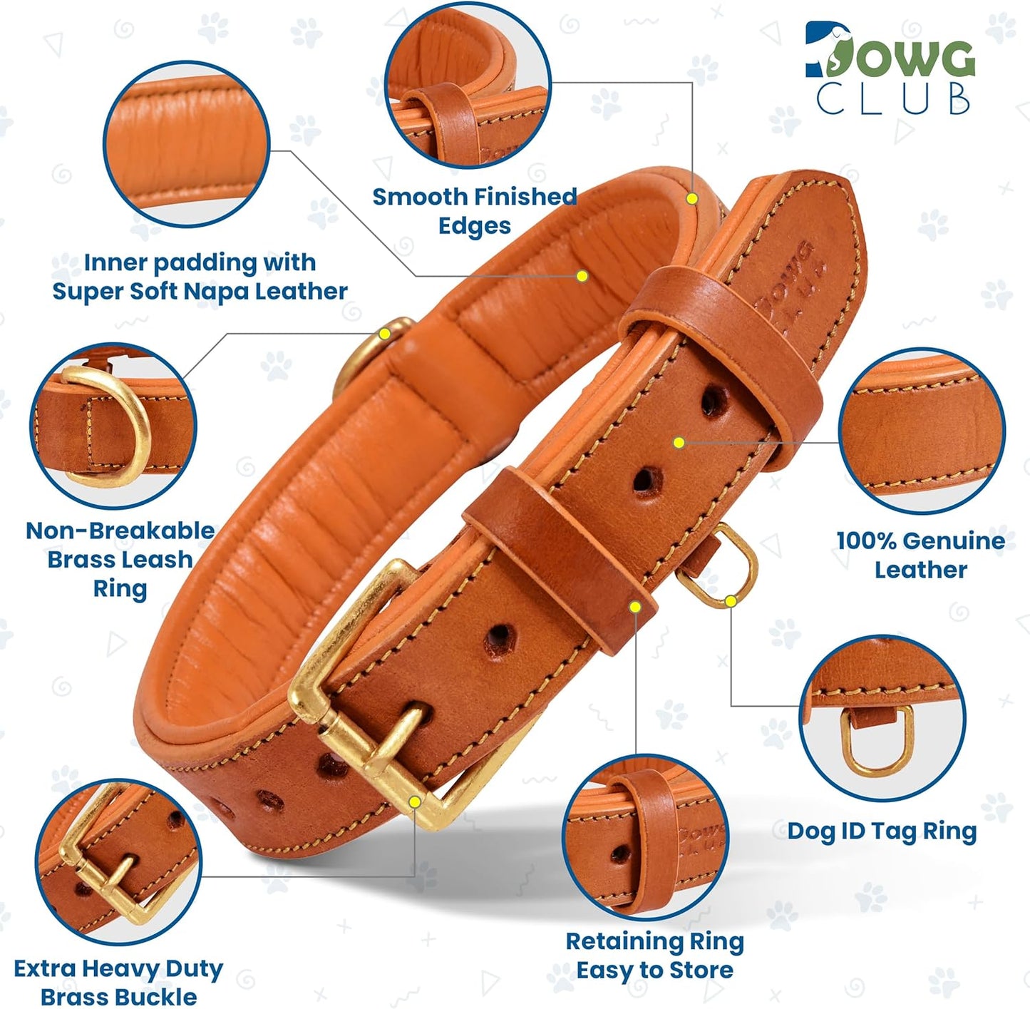 DowgClub | Genuine Leather Dog Collar | Full Grain, Heavy Duty | Comfortable, Strong | Best for Pups, Small, Medium & Large Breeds | Pink, Brown, Black, Tan