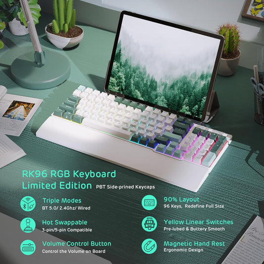 RK ROYAL KLUDGE RK96 RGB Limited Ed, 90% 96 Keys Wireless Triple Mode Bluetooth 5.0/2.4G/USB-C Hot Swappable Mechanical Keyboard w/Software Support & Massive Battery, RK Yellow Switch, Camp Green