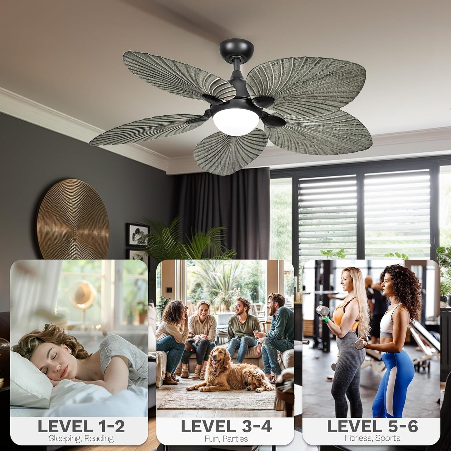 DWVO 52" Ceiling Fans with Lights, Tropical Ceiling Fan with Lights and remote, LED Tri-Color Temperature, Reversible 6 Speeds w/Quiet DC Motor for Living Room, Dining Room, Bedroom