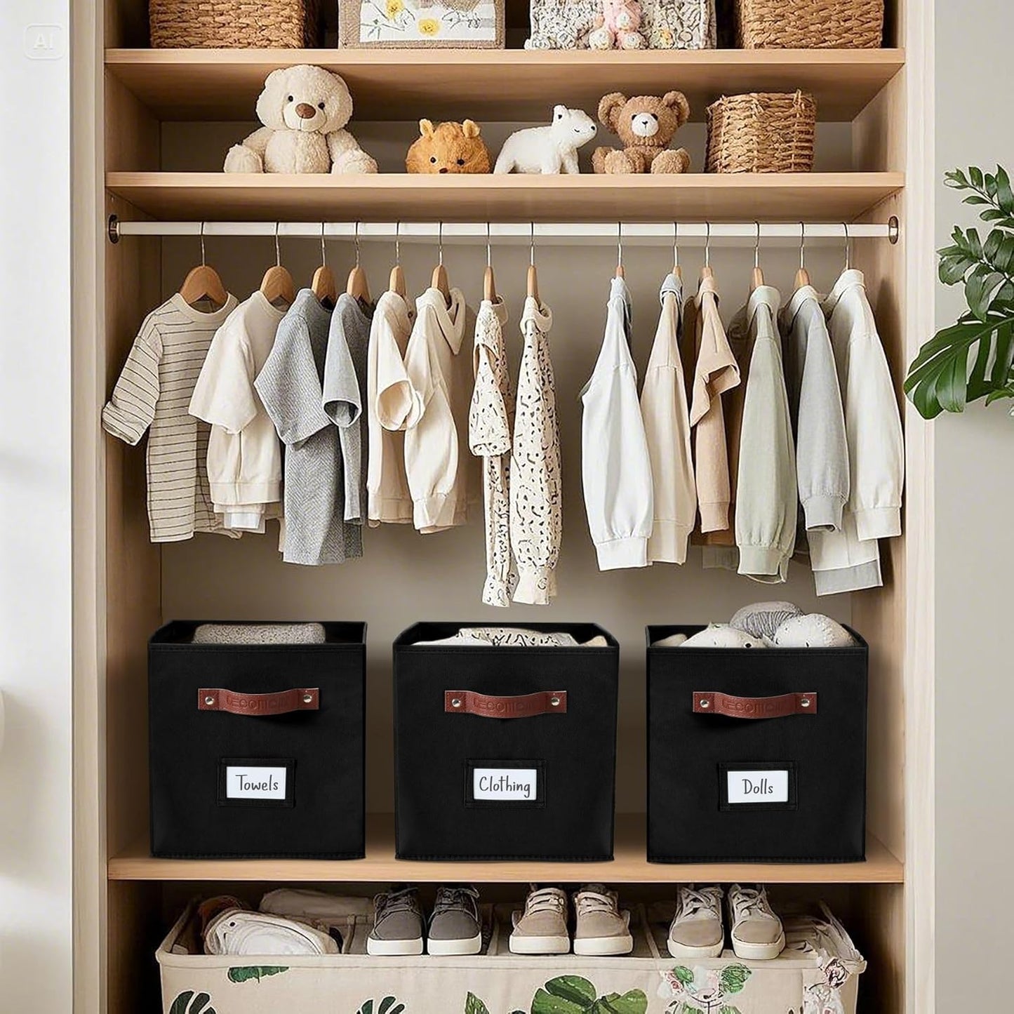 DECOMOMO Cube Storage Bin, Storage Cubes with Labels, Baskets for Shelves Kallax Linen Closet Organizers (Cube 10.5x11"/ 6pcs, Black)