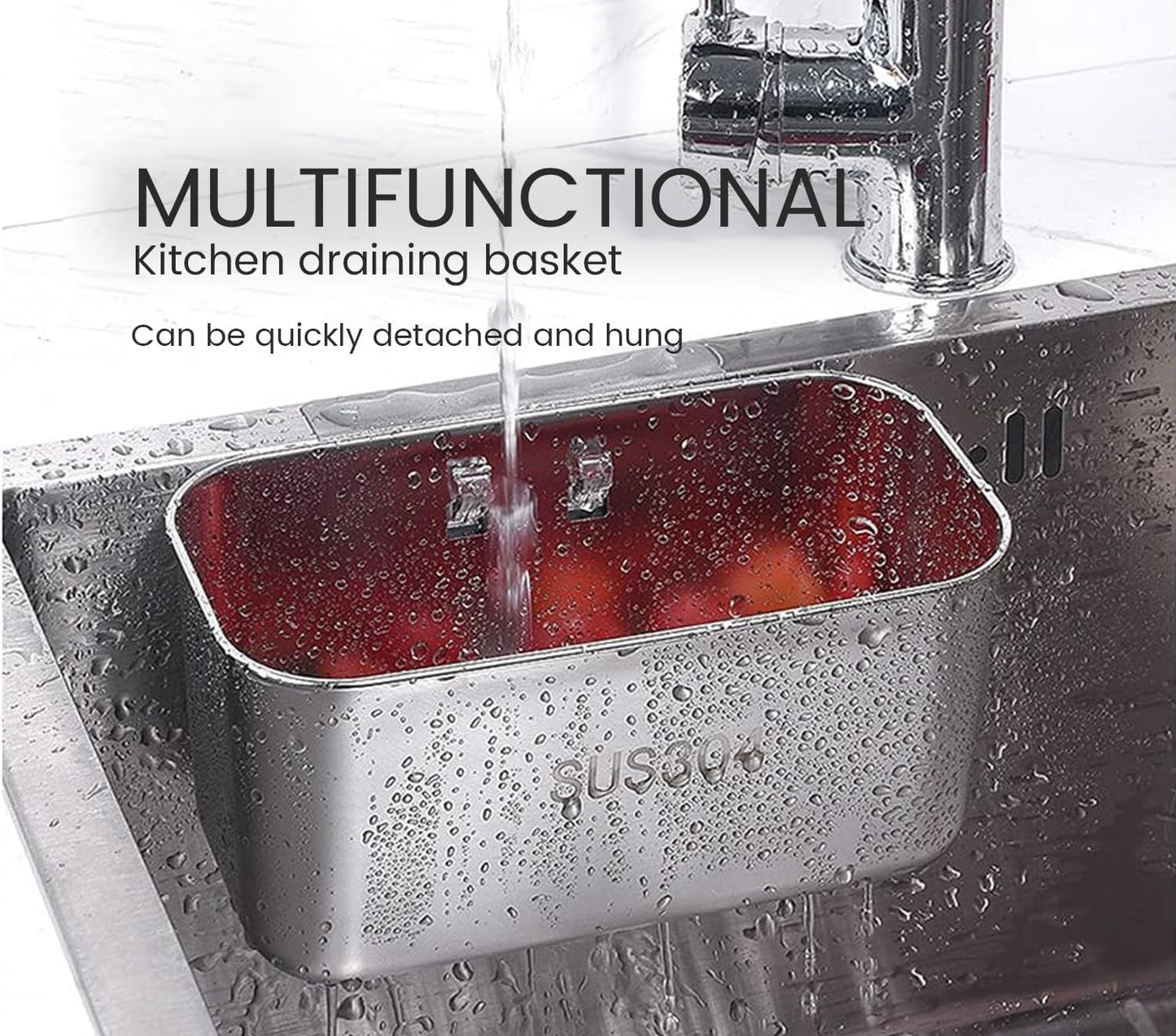 Kitchen Sink Strainer Basket, Organizer & Filter – 304 Stainless Steel Basket for Sponge Holder, Filtering Food Waste, Washing & Draining Fruits and Vegetables