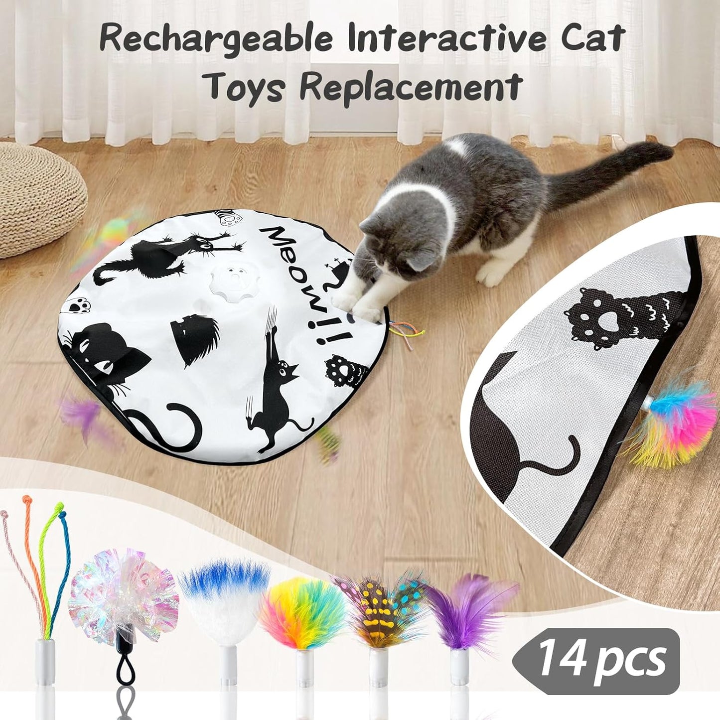 ORSDA Cat Toys Interactive, 4 in 1 Automatic Cat Toy, Hide and Seek, Whack a Mole, Magic Wand, Chasing Feather, with 4 Replacements, USB Rechargeable, for All Breed Sizes