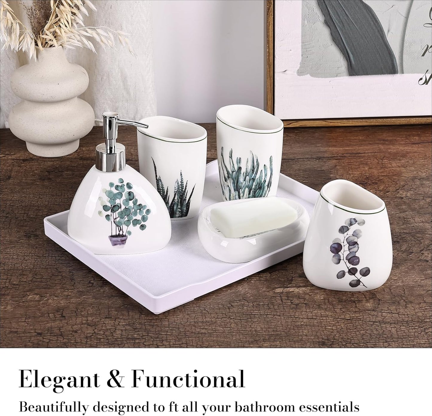 White Bathroom Accessories Set,Modern Countertop Bathroom Decor,Luxury 6 Piece Bathroom Accessory Set,Complete with Soap Dispenser,Toothbrush Holder,Tumbler,Tray