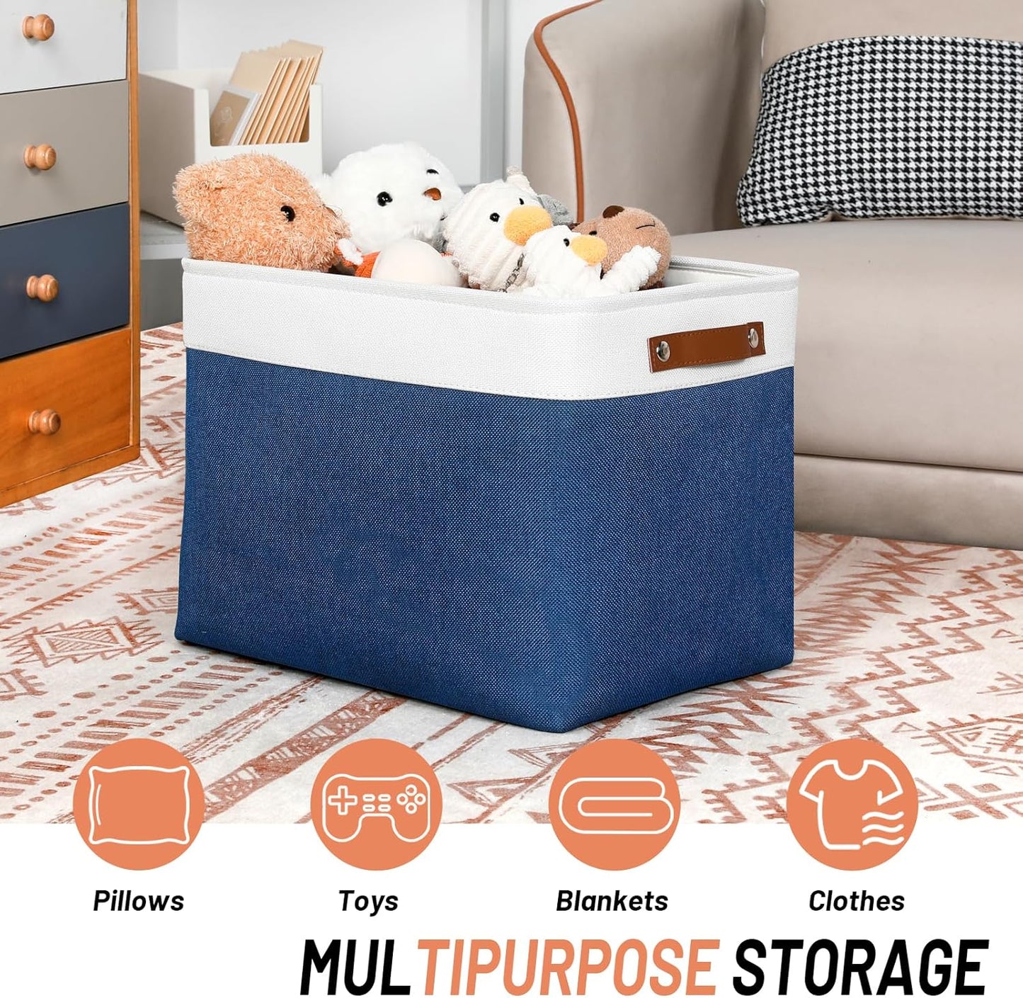 DULLEMELO Storage Baskets for Shelves, Fabric Collapsible Rectangular Storage Bins for Shelves, Closets, Nursery, Home, Office, Empty Gift Baskets (White&Teal)