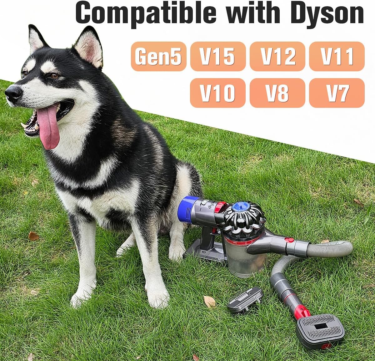 FUNTECK 2-in-1 Dog Hair Vacuum Brush for Grooming & Shedding Compatible with Dyson Gen5, V15, V12, V11, V10, V8, V7 – Removes Loose Hair, Dander, Undercoat & Tangles – Self-Cleaning Design