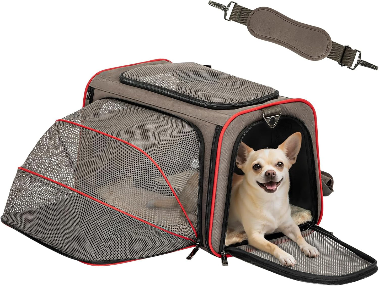 Petsfit Expandable Cat Dog Carrier Airline Approved, 17" L x 11" W x 11" H Soft-Sided Portable Pet Travel Carrier for Kitten, Puppy, Removable Soft Plush Mat and Pockets, Auto-Locking Zippers