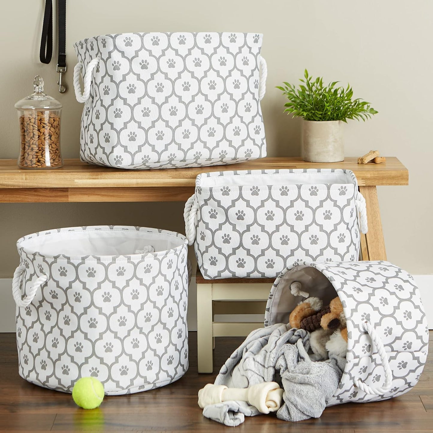 DII Bone Dry RoundSmall Pet Toy and Accessory Storage Bin, 12"(Dia) x9(H), Collapsible Organizer Storage Basket for Home Decor, Pet Toy, Blankets, Leashes and Food-Gray Stripes
