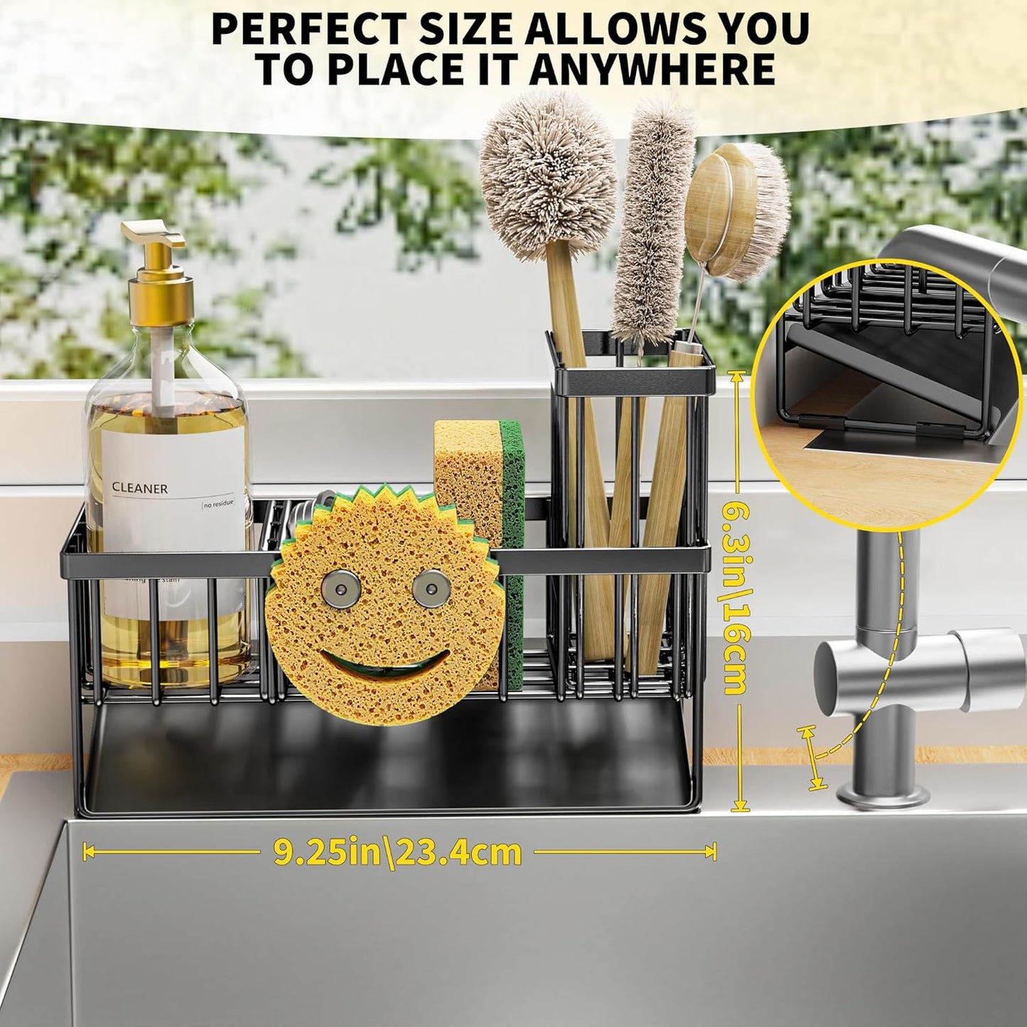 Cisily Kitchen Sink Caddy Organzier with High Brush Holder, Sponge Holder for Sink, 304 Rustproof Stainless, Kitchen Countertop Soap Dispenser Organizer, Kitchen Decor and Accessories (Black)