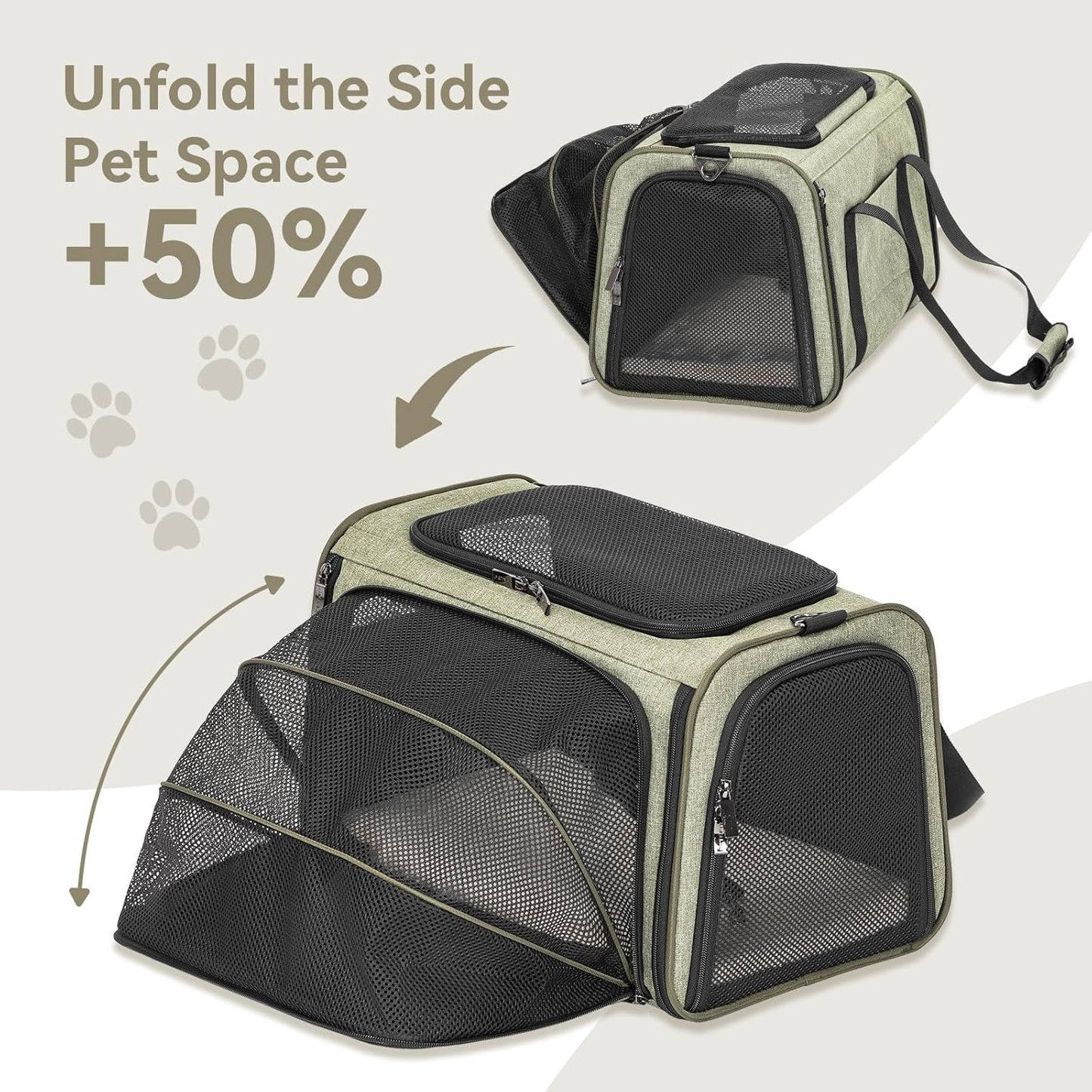 Petsfit Expandable Cat Dog Carrier Airline Approved, 17" L x 11" W x 11" H Soft-Sided Portable Pet Travel Carrier for Kitten, Puppy, Removable Soft Plush Mat and Pockets, Auto-Locking Zippers
