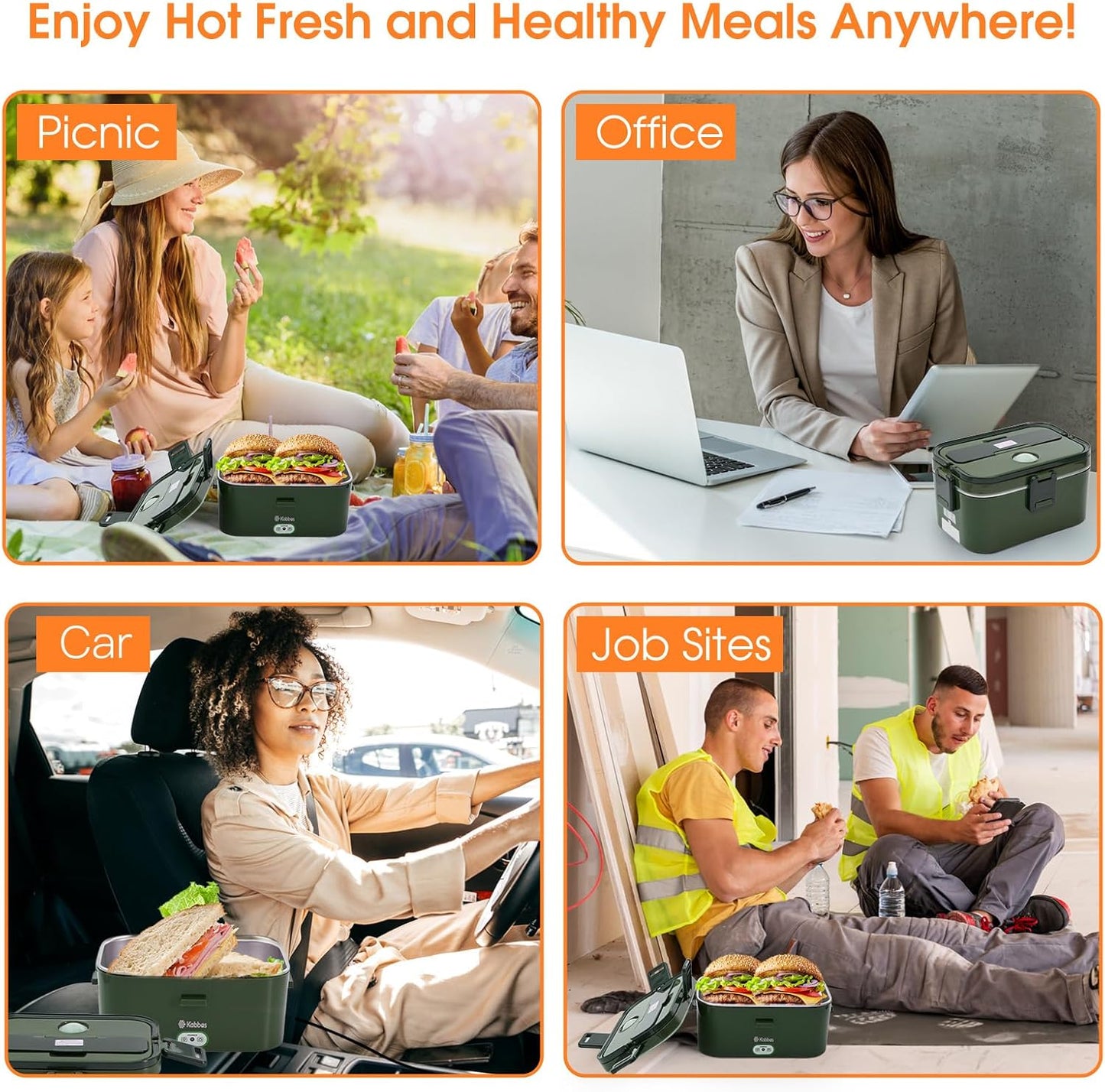Kabbas 1.8L Portable Electric Lunch Box for Adults, 100W Heated Lunch Box for Men with Removable Dual Container, Fast Heating Food Warmer, 12V/24V/110V for Car Truck Office lonchera eléctrica portátil