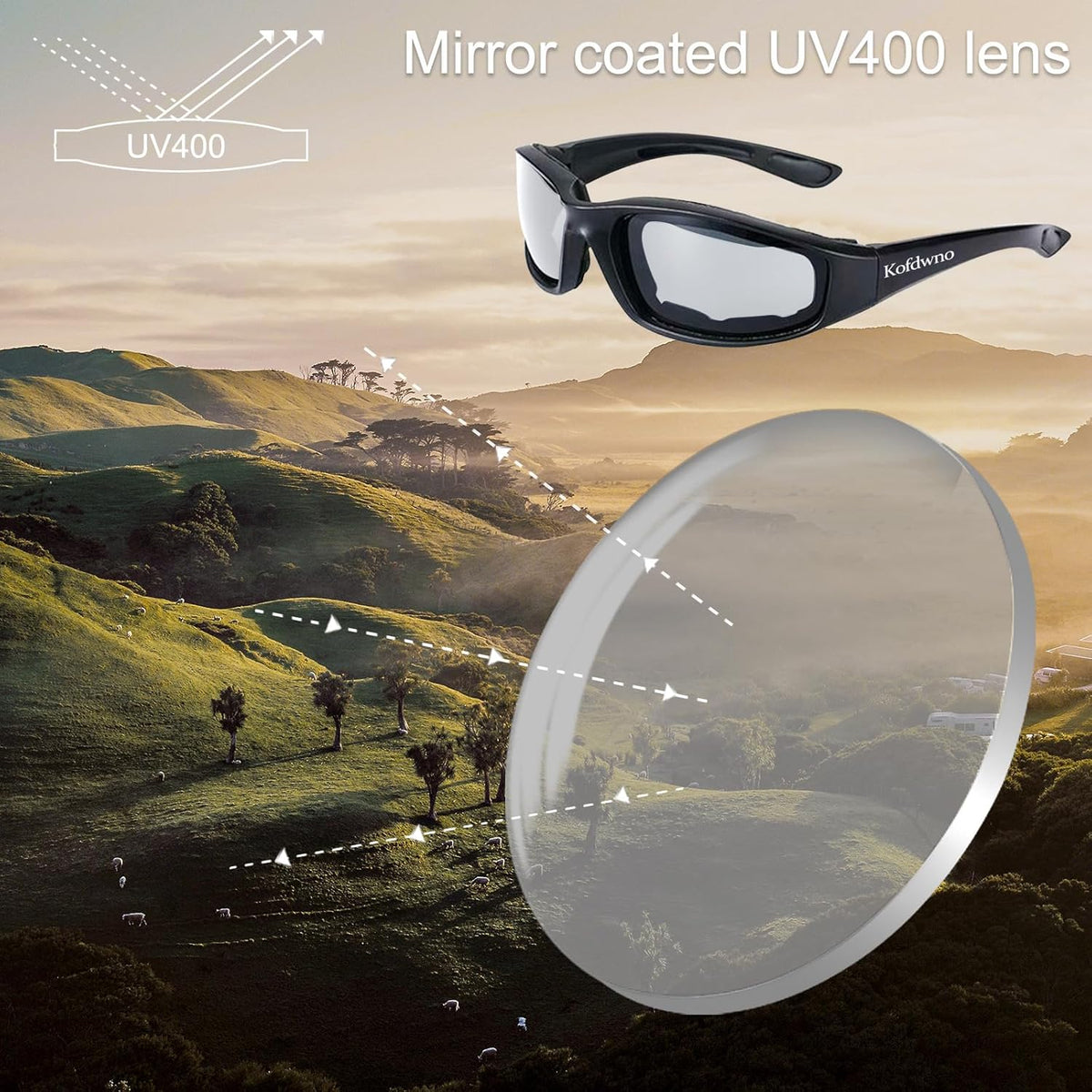 Driving Motorcycle Riding Glasses Foam Padded Eyeglass Motocross Goggles Waterproof Anti-Wind Dustproof UV Protection Bicycle Motorcycle Sunglasses for Outdoor Activities Sports Eyewear(Clear Lens) - PuriLite