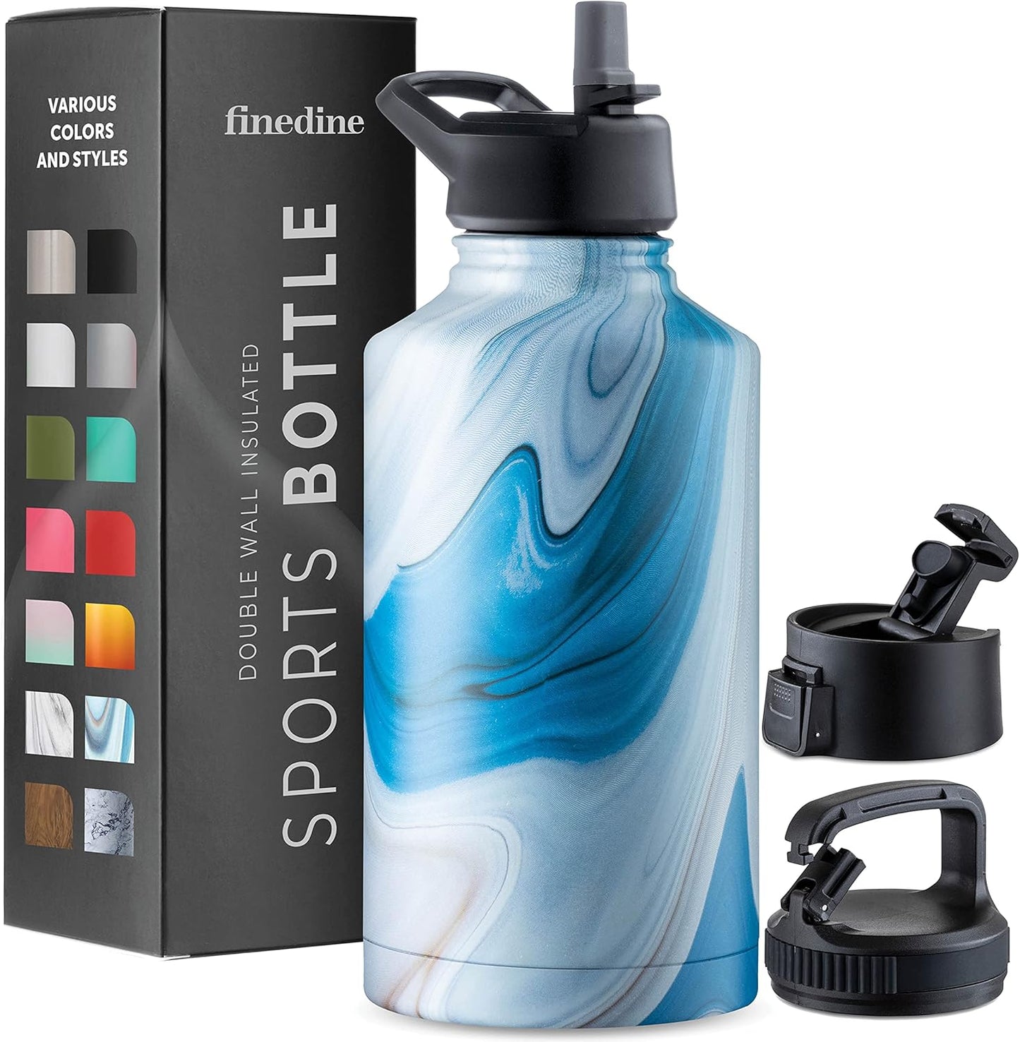 FineDine Water Bottle - Stainless Steel Insulated Water Bottle with Straw Lid, Flip Lid & Wide-Mouth Cap - Keeps Hot and Cold - 25 Oz / 739ml - Pure Pearly White