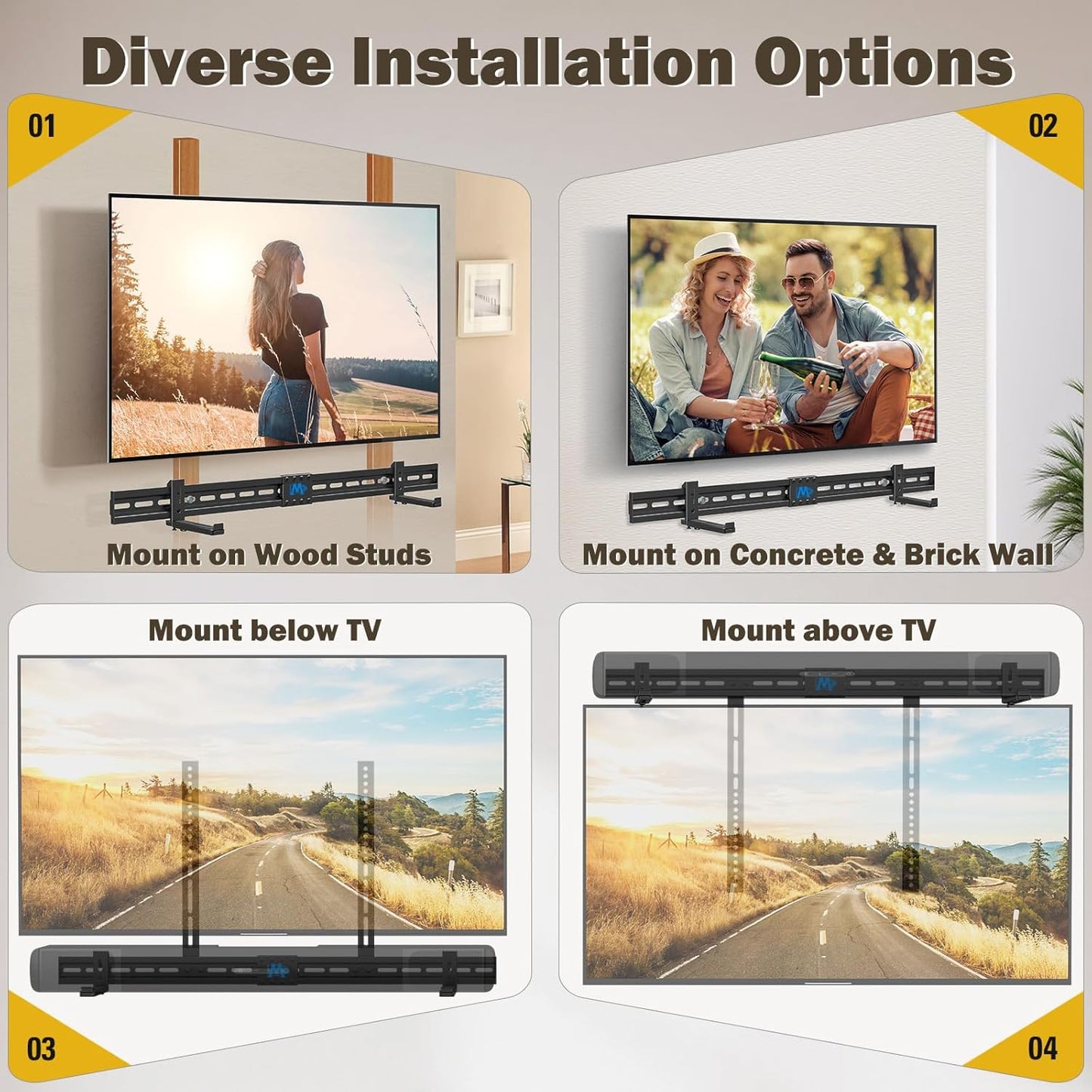 Mounting Dream Universal Sound bar Wall Mount, Soundbar Mounting Bracket Fits Most Samsung, Sonos, Bose, Vizio, Yamaha Soundbar with Holes/Without Holes, up to 20 lbs, Safe and Easy to Install MD5425