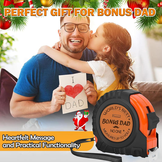 Genuine Leather Engraved 25 FT Tape Measure – Bonus Dad & Step Dad Gift – Stocking Stuffer Tool for Men with “No One Measures Up to You” Message