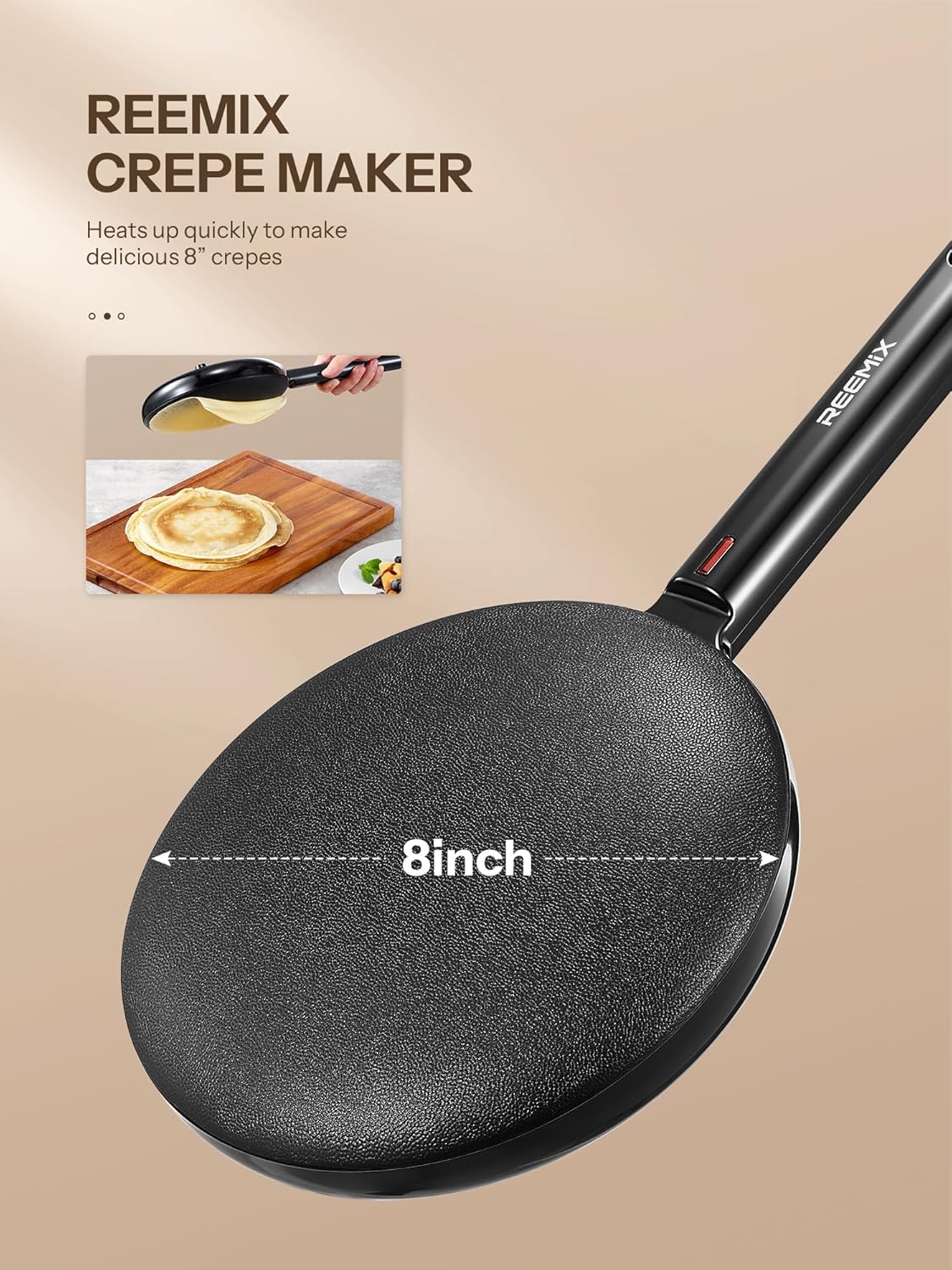 Electric Crepe Maker, 8 Inch(20cm) Portable Crepe Maker Machine With Not-Stick Dipping Plate, Automatic Temperature Control, Nonstick Crepe Pan, Black