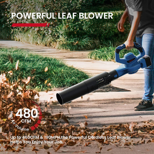 Leaf Blower Cordless,460CFM &190MPH,20V 4.0Ah Upgrade Battery Powered 2-in-1 Leaf Blower(Upgraded),6 Variable Speed,for Blowing Leaves,Debris,Snow and Dust,4.0Ah Battery&Charger Included(Blue)