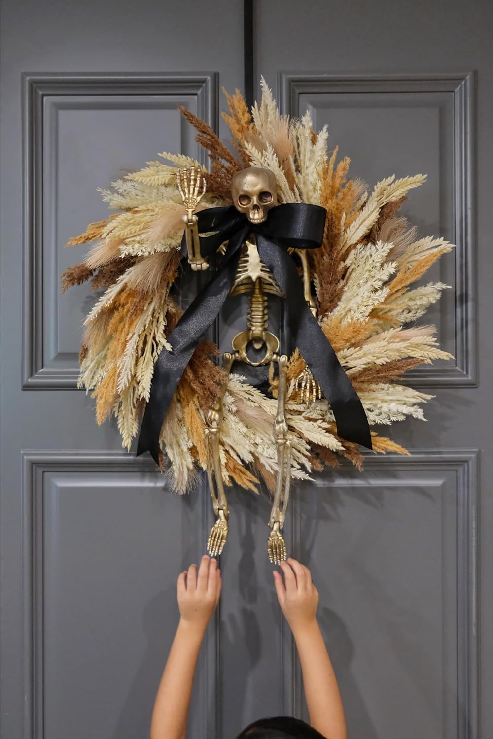FLOROAD 24" Halloween Wreath for Front Door with Gold Skull Skeleton, Black Bow, Artificial Wheat and Pampas Grass - Fall Halloween Holiday Scary Gothic Decoration for Home Door Wall