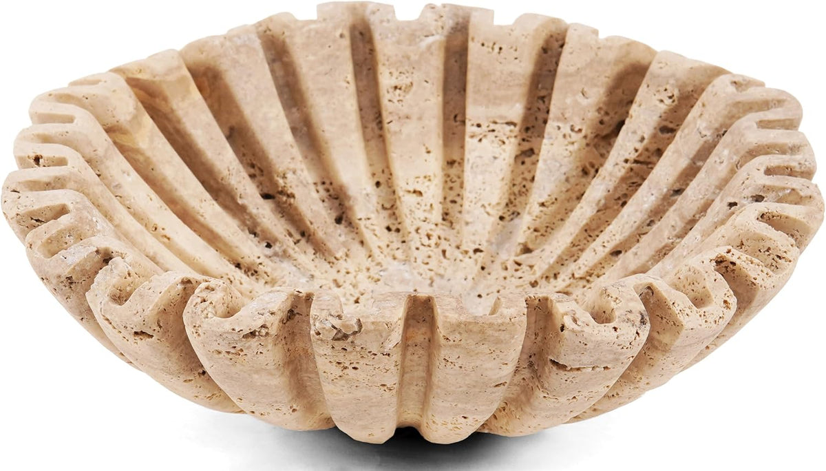 Handmade Travertine Decorative Bowl | Ruffle Stone Bowl | Scalloped Key Bowl | Entryway Accent Bowl | Table Centerpiece Bowl - PuriLite