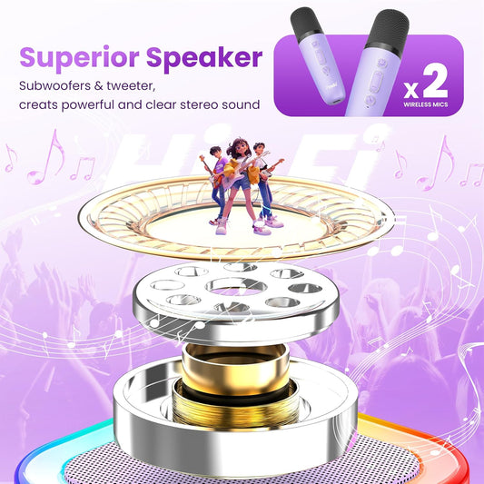 Karaoke Machine for Kids Adults, Portable Bluetooth Mini Karaoke Microphone Singing Speaker Karaoke Player with 2 Wireless Mic Toys for All Smartphones,Birthday, Family,Home Party (Purple) - PuriLite