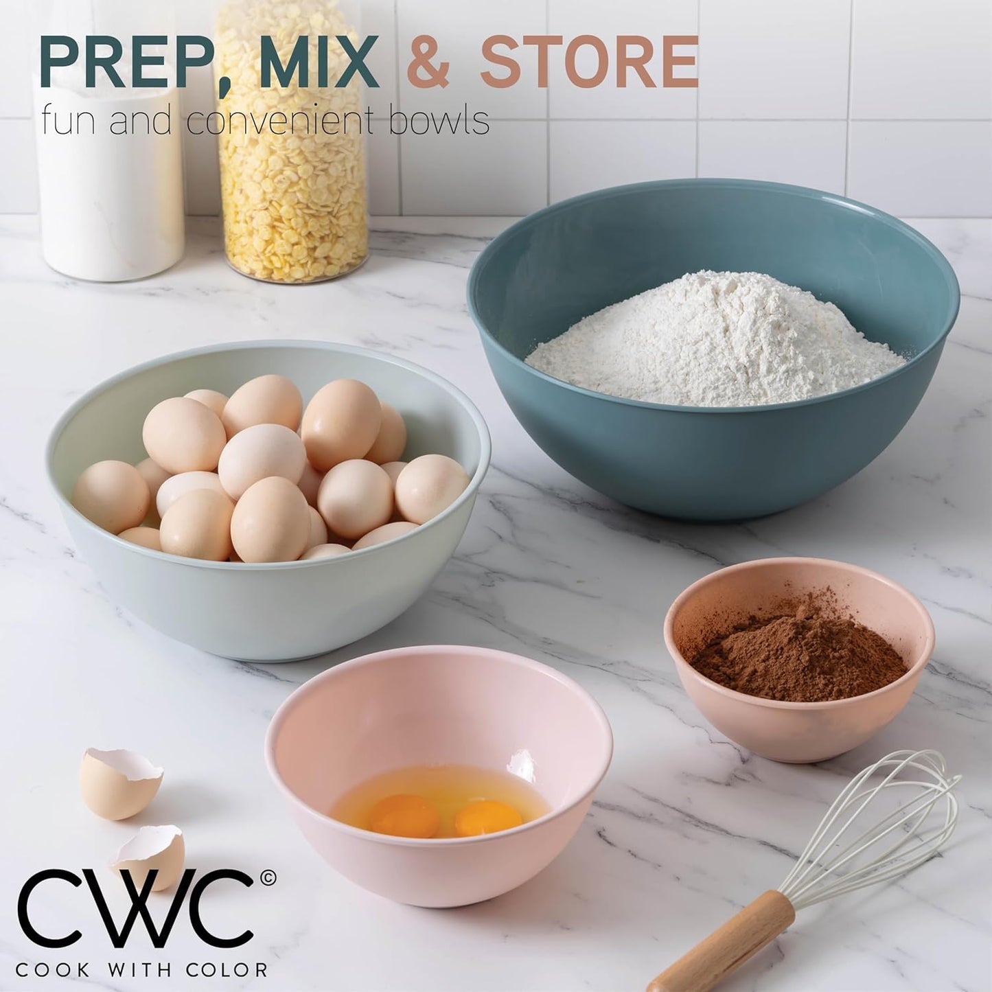 COOK WITH COLOR Mixing Bowls with TPR Lids - 12 Piece Plastic Nesting Bowls Set Includes 6 Prep Bowls and 6 Lids, Microwave Safe Mixing Bowl Set (Mint)