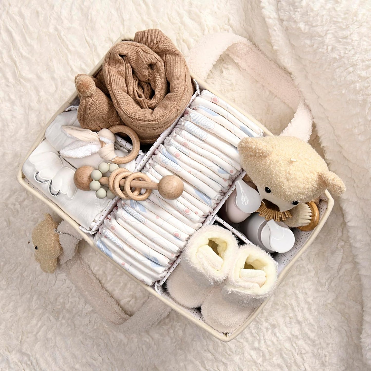 PeraBella Baby Diaper Caddy Organizer, Baby Organizers and Storage for Changing Table, Babies Shower Gift Basket for Boy &Girl, Nursery Essentials Car Caddy Organizer with Handle, White Diaper Basket
