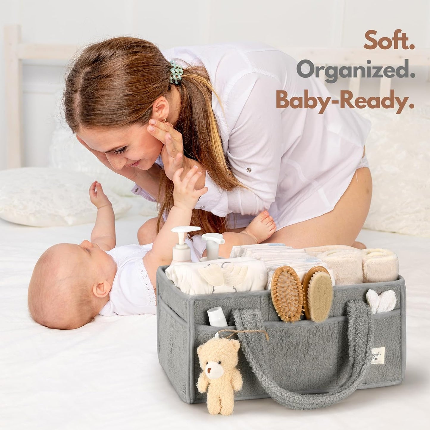 PeraBella Baby Diaper Caddy Organizer, Baby Organizers and Storage for Changing Table, Babies Shower Gift Basket for Boy &Girl, Nursery Essentials Car Caddy Organizer with Handle, White Diaper Basket